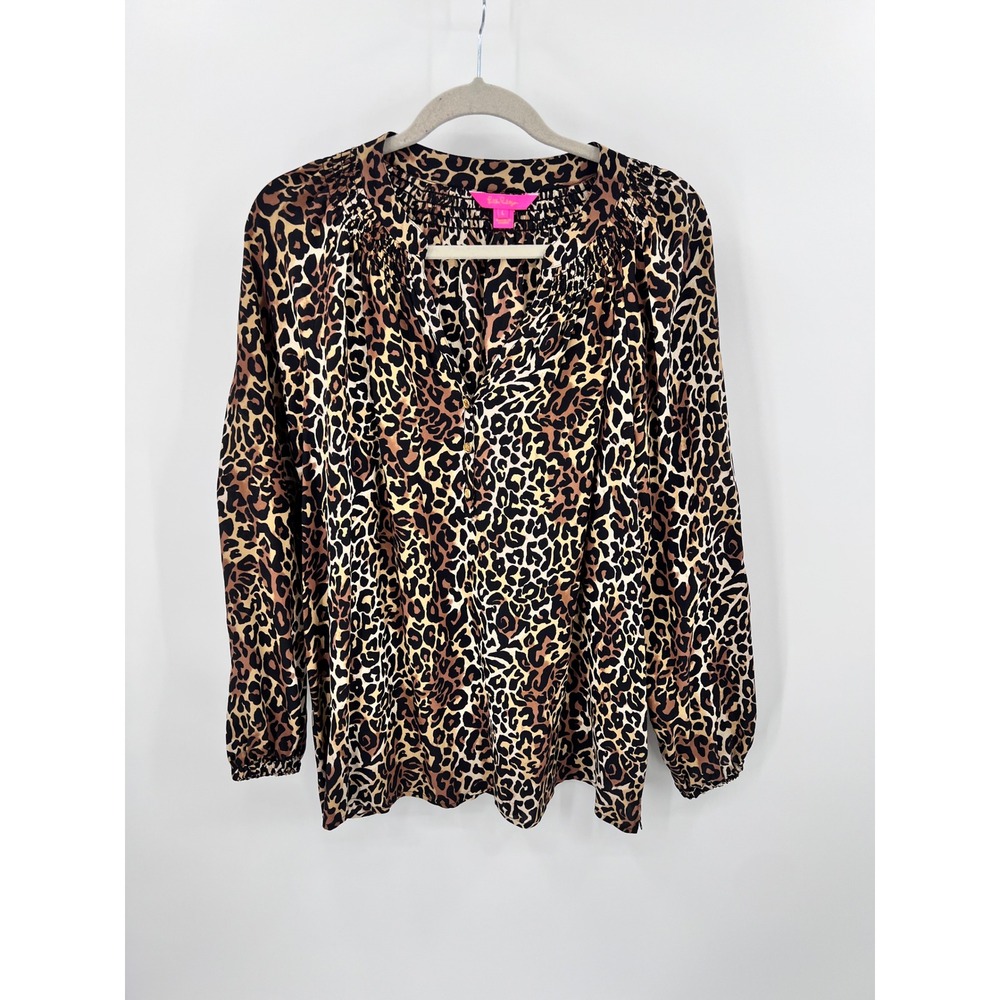 Lilly Pulitzer Silk Leopard Print Smocked Blouse Brown Tan Animal Print Large